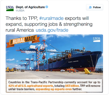 Thanks to TPP, #ruralmade exports will expand, supporting jobs & strengthening rural America http://www.usda.gov/trade  