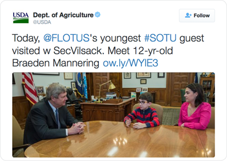 Today, @FLOTUS's youngest #SOTU guest visited w SecVilsack. Meet 12-yr-old Braeden Mannering http://ow.ly/WYlE3  