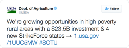 We're growing opportunities in high poverty rural areas with a $23.5B investment & 4 new StrikeForce states → http://1.usa.gov/1UUC5MW  #SOTU
