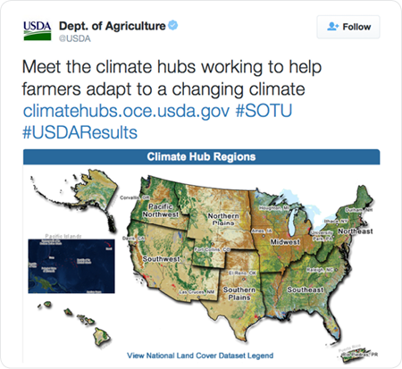Meet the climate hubs working to help farmers adapt to a changing climate http://climatehubs.oce.usda.gov/  #SOTU #USDAResults 