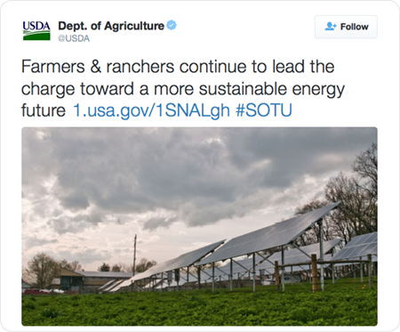 Farmers & ranchers continue to lead the charge toward a more sustainable energy future http://1.usa.gov/1SNALgh  #SOTU 