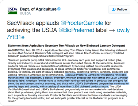 SecVilsack applauds @ProcterGamble for achieving the USDA @BioPreferred label → http://ow.ly/YtB1e  