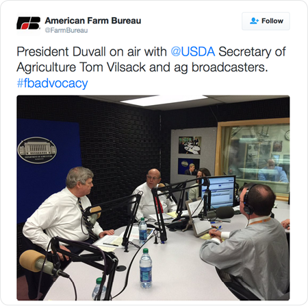 President Duvall on air with @USDA Secretary of Agriculture Tom Vilsack and ag broadcasters. #fbadvocacy 