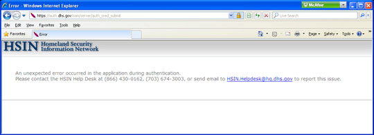 Screenshot of error message
