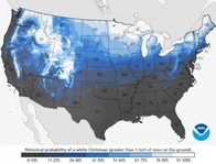 U.S. map showing historical probability of snow for December 25
