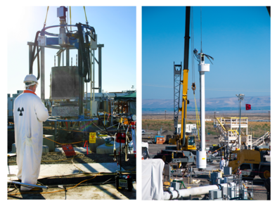 Left: Workers remove dome cut at C-105. Right: MARS Vacuum mast installed in C-105