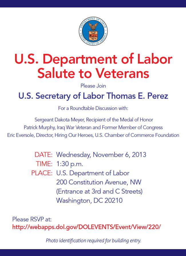 Invitation to 2013 Department of Labor Veterans' Day Salute