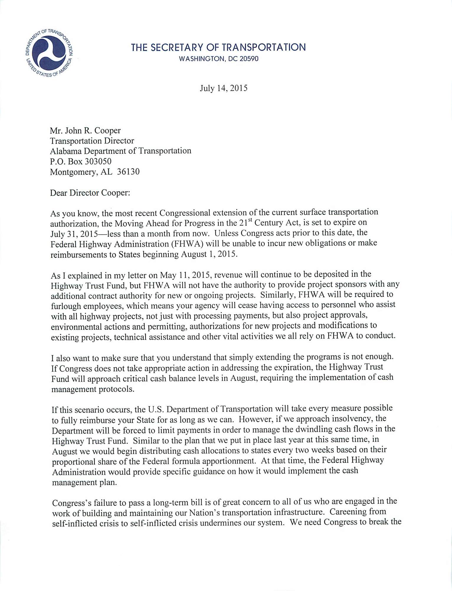 PDF image of one of the letters to State DOT officials