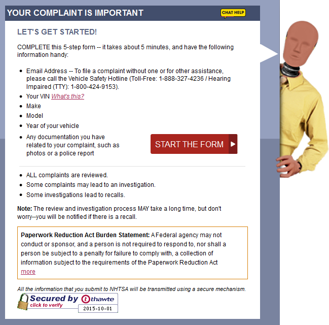 Screen Capture of NHTSA complaint form