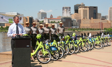 St. Paul Mayor Coleman speaking on the day that the National Park Service installed the bicycle share stations along the Mississippi River in St. Paul
