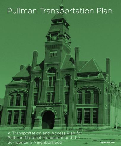 The cover of the Pullman Transportation Plan, which shows the main factory building at the Pullman site. 