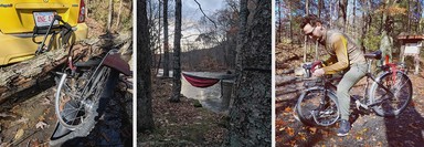 Images of Jonah, his damaged bicycle, and his hammock by the river