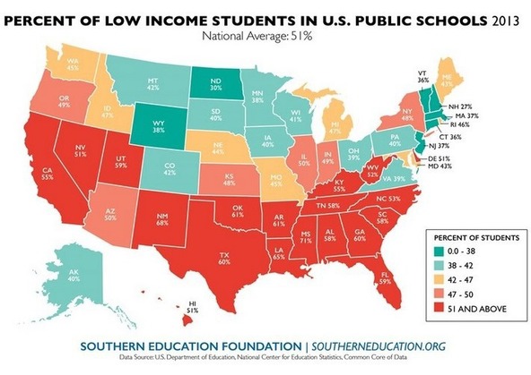 map indicating the percentage of students living in poverty by state