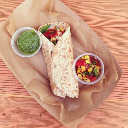 pesto chicken wrap with corn salsa