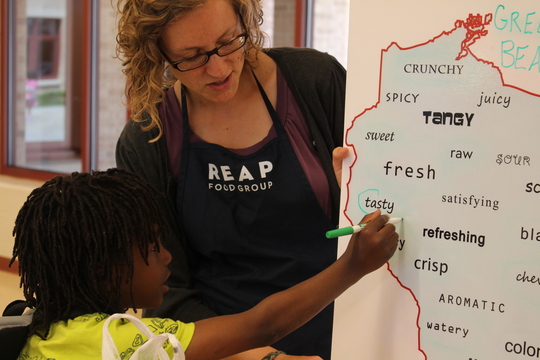 Child circles adjectives describing green beans