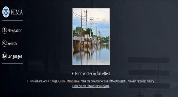 FEMA.gov Homepage with El Nino flood photo centered