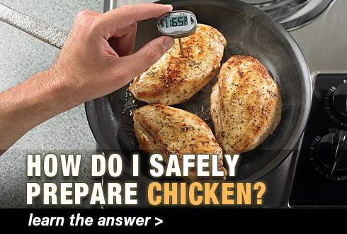 Taking internal temperature of chicken breast in pan.