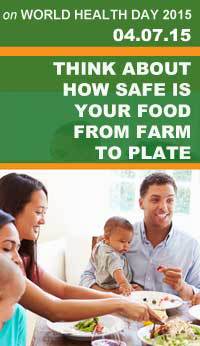 World Health Day Foodsafety.gov Image showing a family eating a meal with veggies, fruit, and meat