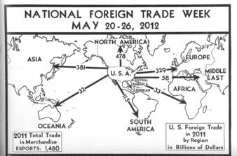 This map is patterned on the 1940 National Foreign Trade Week (May 18-24) updated to reflect 2011 trade figures for exports of merchandise.
