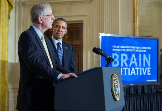 Photo of Dr. Francis Collins, NIH Director, introducing the President of the United States, Barak Obama, at the BRAIN Initiative announcement