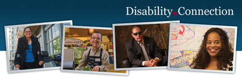 (From left to right) A photo of a woman with spina bifida; a young man with Costello Syndrome; a man who was blind; & a woman with a hidden disability
