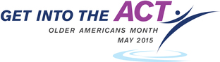 White and purple logo: Get into the Act, Older Americans Month 2015