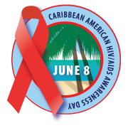 Logo: Red AIDS ribbon, green palm trees and beach, "National Caribbean-American Health/AIDS Awareness Day"