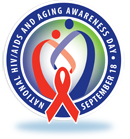 Circular blue, red and green logo: National HIV/AIDS and Aging Awareness Day, September 18