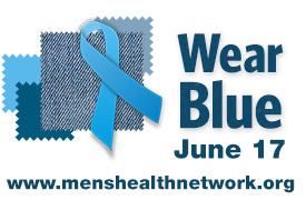 Logo: Blue ribbon against a background of jean patches with the words Wear Blue June 17