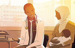 Image shows a Black doctor speaking with an Arabic mother