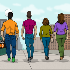 Image: Group of 4 people walking along a NYC neighbourhood