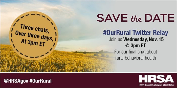 In 2 weeks @HRSAgov  kicks off #ruralhealth wk w/#OurRural Twitter chats on #workforce dev’t, social determinants of hlth & #behavioral hlth