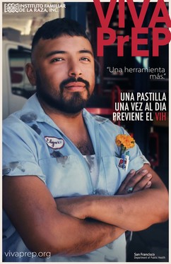 Image: Young Latino mechanic. Viva PrEP. "Una herramienta mas. Una pastilla una vez al dia previene el VIH." 