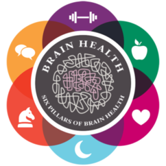 Brain Health: Six Pillars of Brain Health image shows a connecting diagram of multicoloured circles