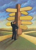 crossroads, man scratching head