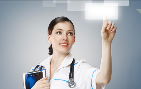 Female healthcare professional interacting with futuristic display.