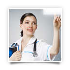 Female healthcare professional interacting with futuristic display.