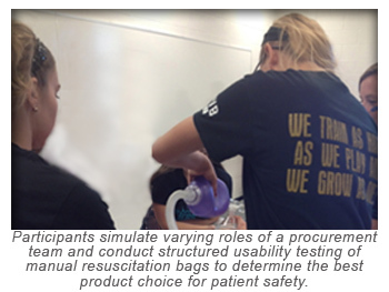 Medical participants simulating a manual resuscitation with a hanheld bag