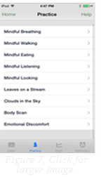 Image of the Mindful Breathing application running on an iPhone displying an iPhone sample screen with navigation functionality