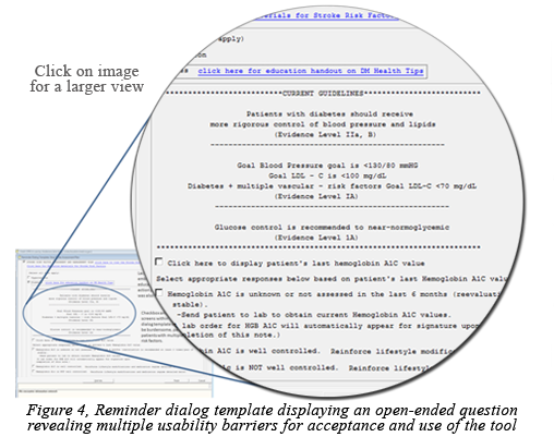 Magnified, zoomed in image of computer generated remider message box displaying and open-ended question revealing multiple usability barriers