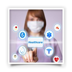 Female health professional tapping on an electronic glass with various medical selections and options