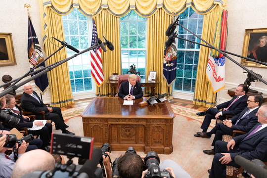 President Donald J. Trump, speaking with Mexico President Enrique Pena Nieto during a conference call