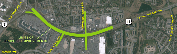 Aerial photo of proposed interchange at Route 15 Bypass and Edwards Ferry Road