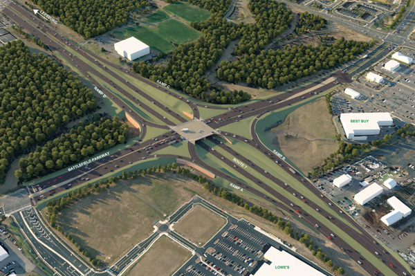 Aerial rendering of proposed interchange at Route 7 and Battlefield Parkway