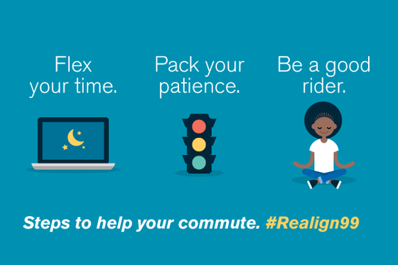 Get ready for the Seattle Squeeze. Flex your time. Pack your patience. Be a good rider. Steps to help your commute. #realign99.