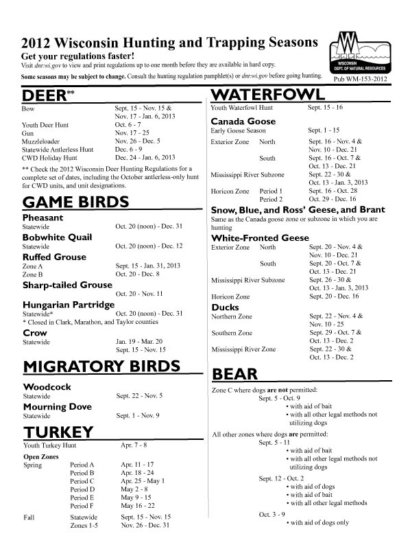 Wisconsin 2012 Hunting and Trapping Seasons