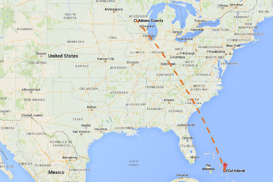 map showing flight path from Wisconsin to the Bahamas