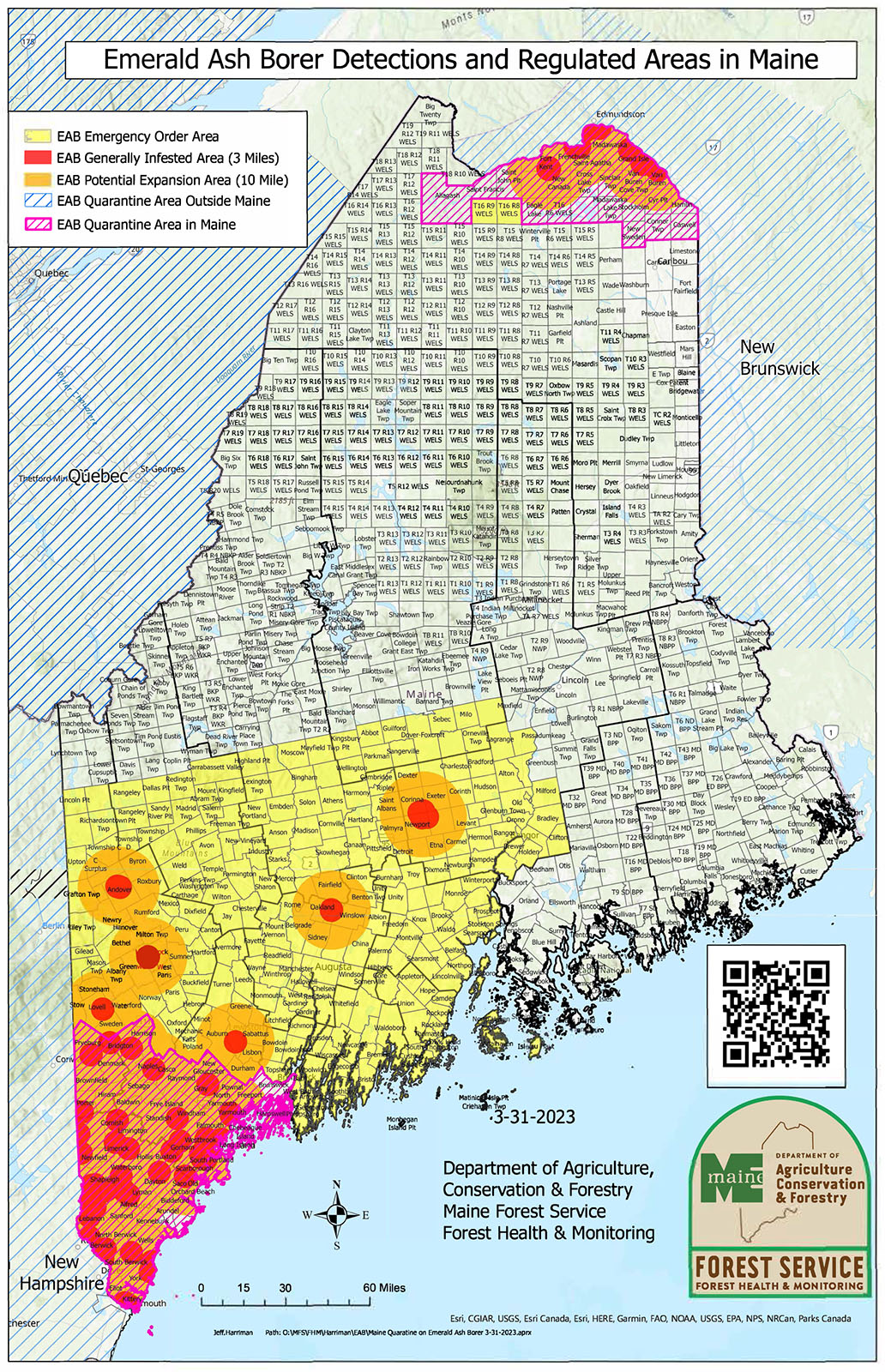 Maine Emerald Ash Borer detections and regulated areas as of March 31, 2023