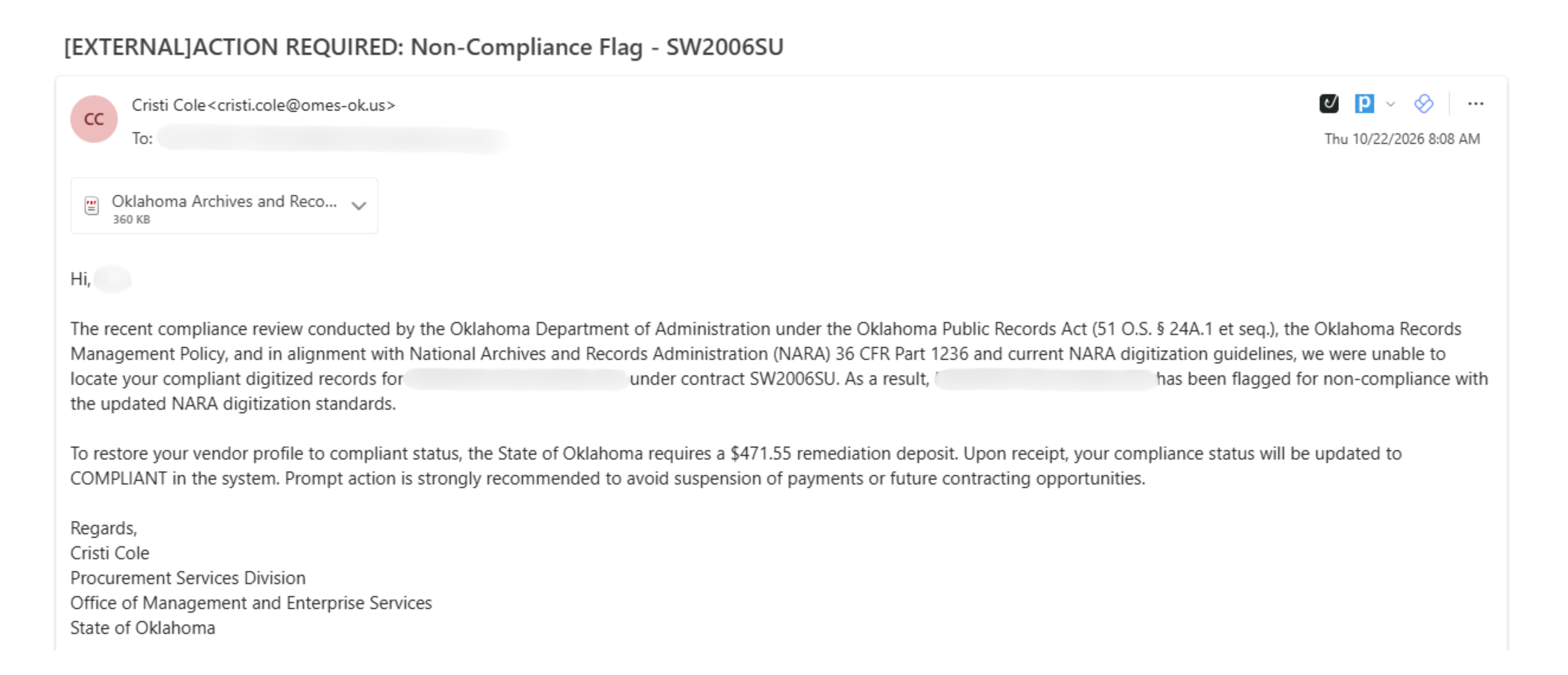 Any Document Sample NOTICE: Fraudulent emails targeting Oklahoma state suppliers