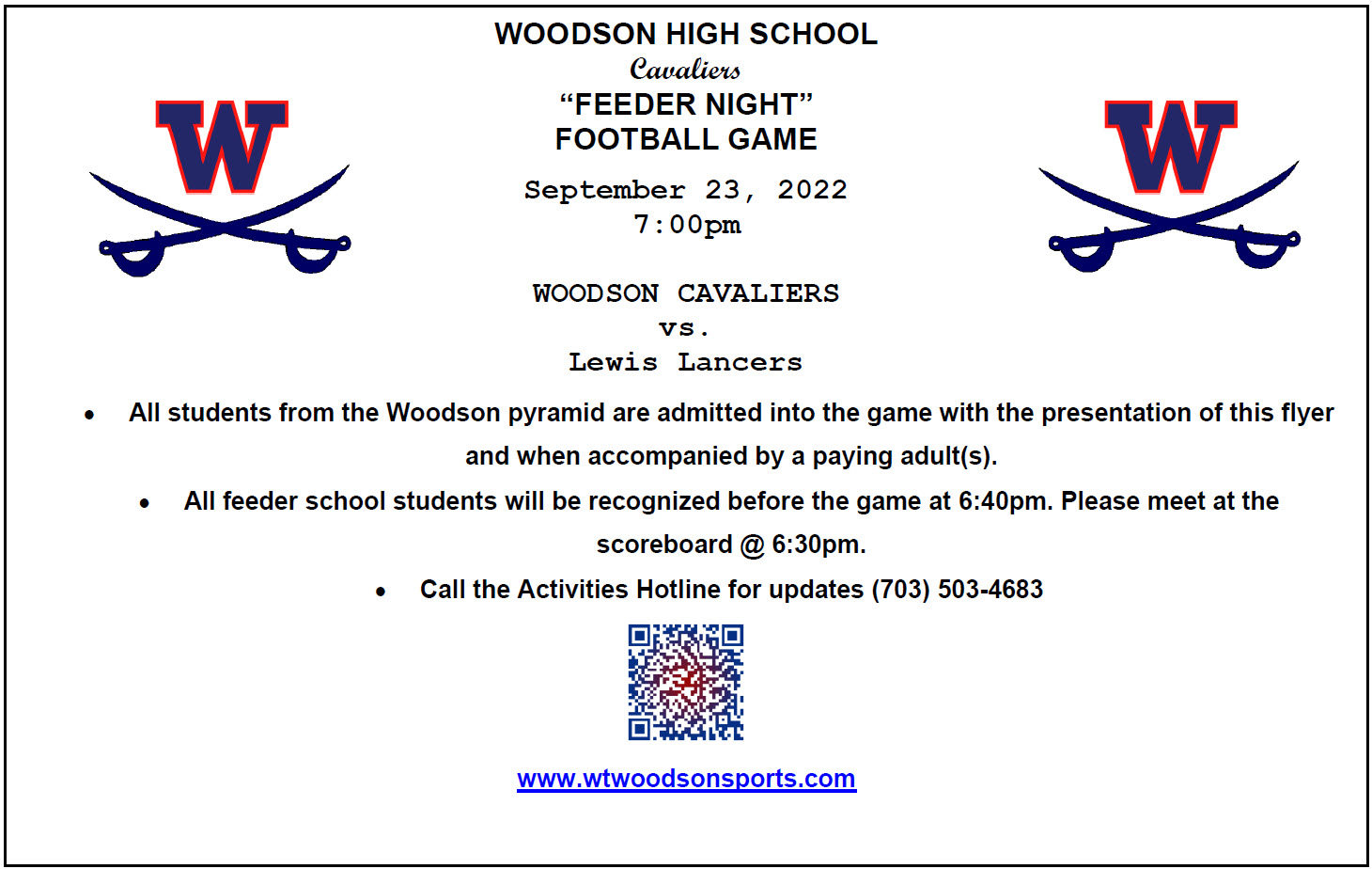 Woodson HS Football Feeder Night Tomorrow, Sept. 23